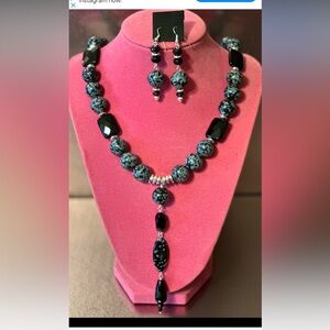 2Pc Handcrafted Gemstone Necklace & Earrings Snow Obsidian, Onyx & Hematite.